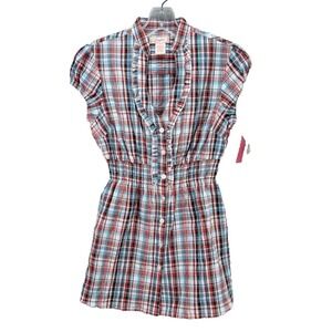 Candie's Pink Plaid Dress Small Smocking Waist Button Front Ruffled Stretch NEW‎